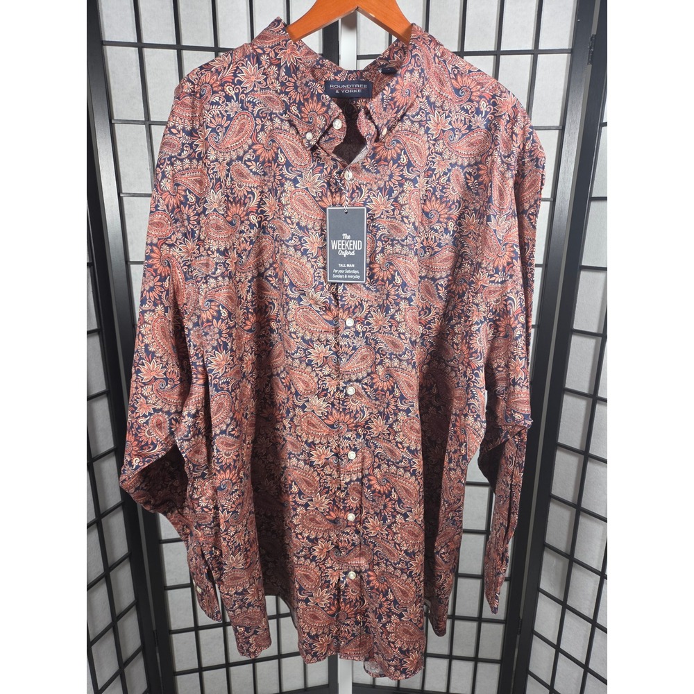 Roundtree & Yorke Mens 4XT Paisley The Weekend Oxford Button Down Shirt Orange